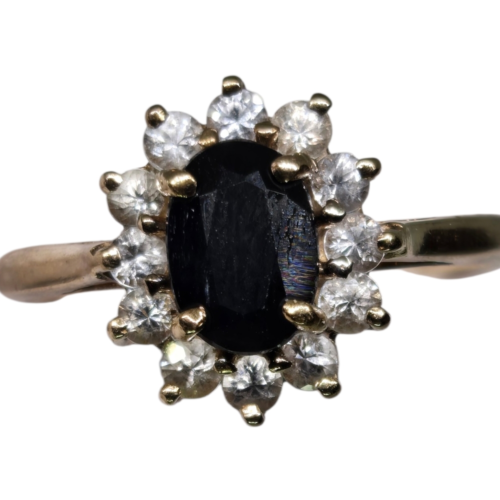 Classic Black Sapphire and White Crystal Halo Ring 10K Solid Yellow Gold